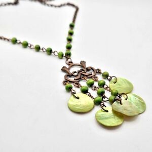 Bronze Tone Chain Green Wooden Beads and Mother of Pearl Disc Fringe Necklace